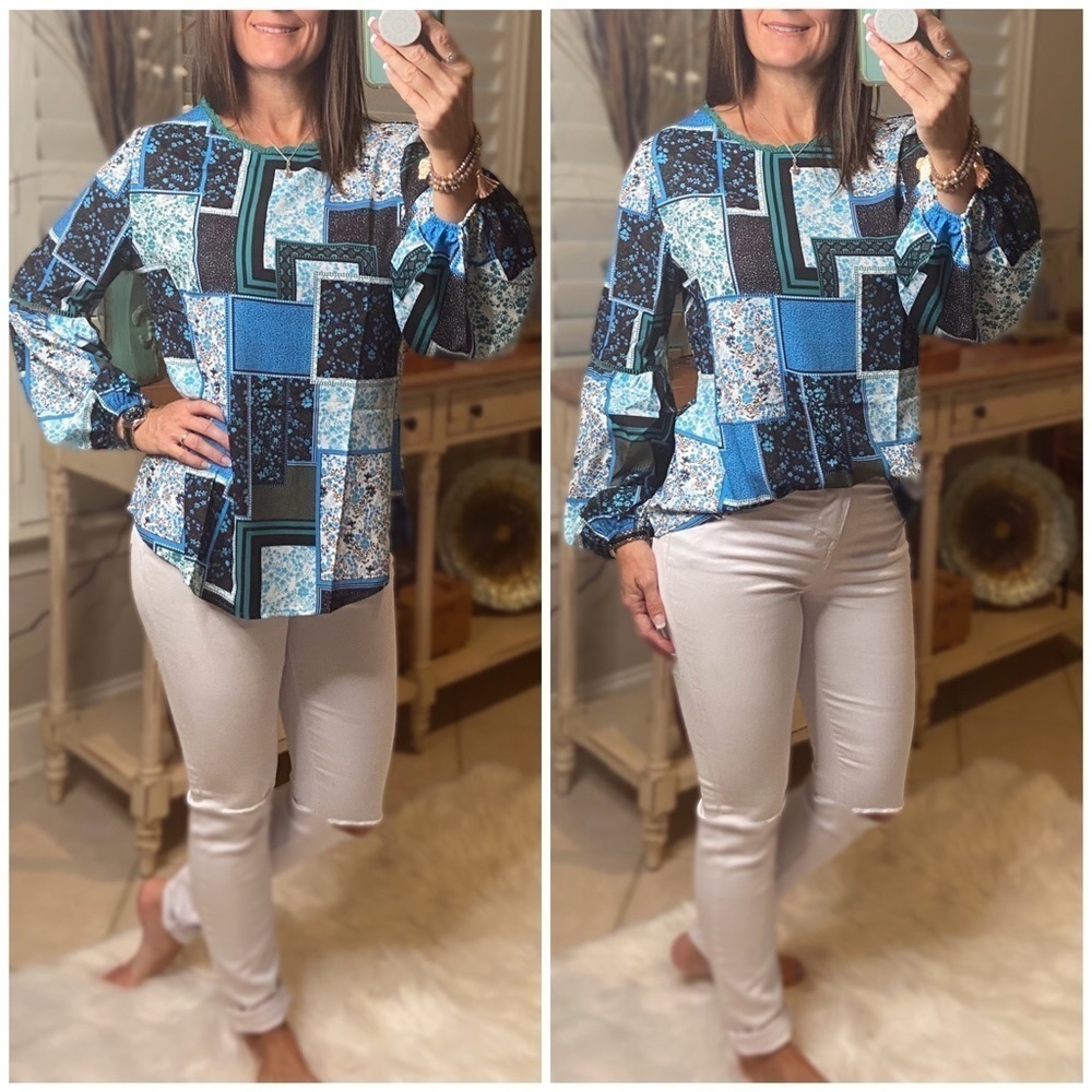 Bohemian Floral Patchwork Dressy Top Blue 3920